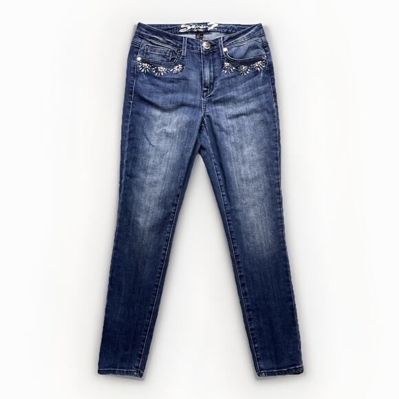 7 For All Mankind Jeans Womens Size 6 Mid Rise Skinny Rhinestone Stretch Blue - Picture 1 of 10